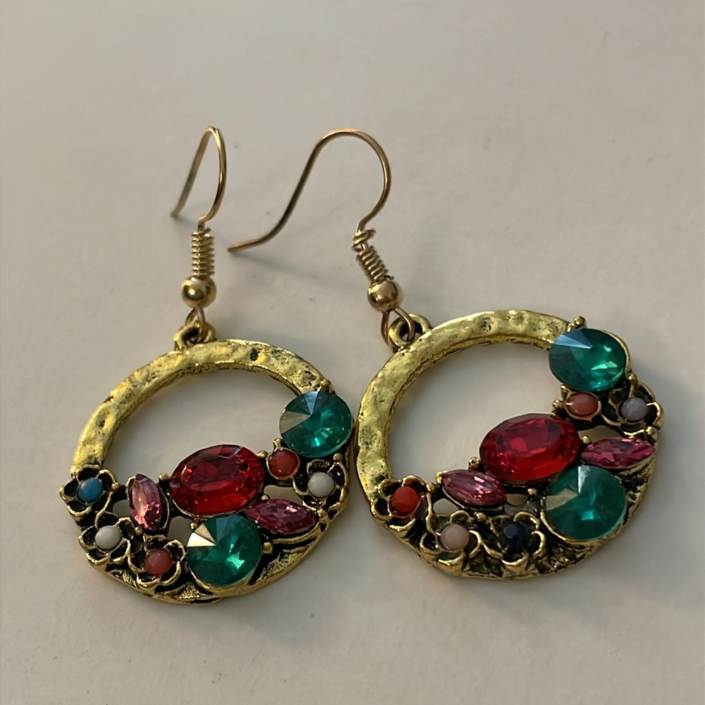 Elegant Hammered Gold and Multicolor Gem Flat Hoop Earrings - Picture 5 of 9